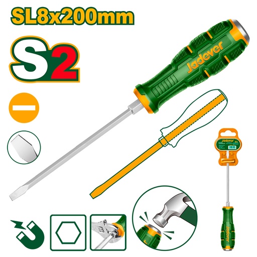 [JDQJ1288] Destornillador plano de impacto Jadever con punta magnetica S2 SL8x200mm [d]