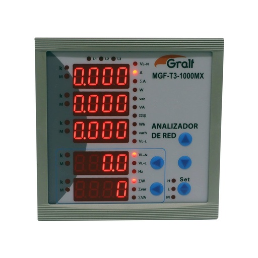 [MGF-T3-1000MX] Multimedidor trifásico y analizador de red de panel Gralf con medidor de consumo y cofimetro (MGF-T3-1000MX)