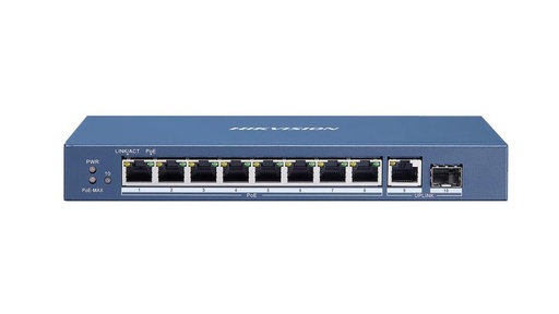 [DS-3E0510P-E] Switch PoE 10 Puertos Hikvision - 8 PoE Gigabit + 2 Uplink (1 RJ45 + 1 SFP) - Potencia 110W (DS-3E0510P-E)