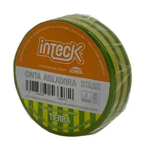 [CA-T-10] Cinta aisladora Inteck de PVC autoextinguible 10 metros verde/amarillo