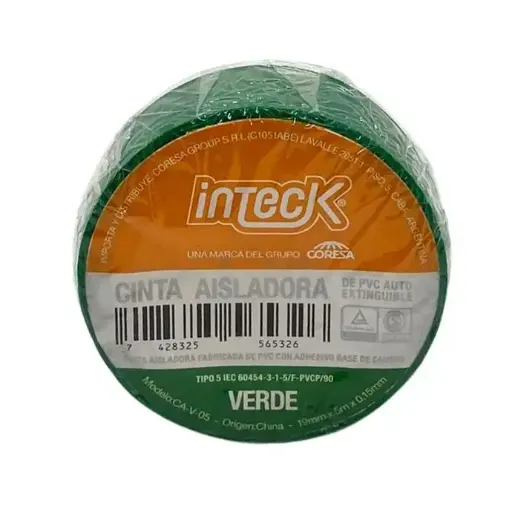 [CA-V-05] Cinta aisladora Inteck de PVC autoextinguible 5 metros verde