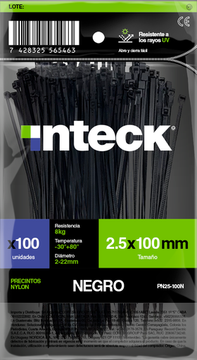 [PN25-100N] Precinto de nylon Inteck 2,5mmx10cm filtro uv negro x100u 