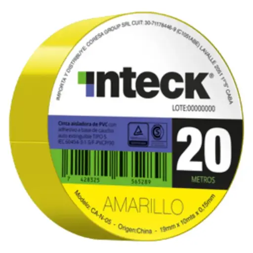 [CA-Y-20] Cinta aisladora Inteck de PVC autoextinguible 20 metros amarilla (CA-Y-20)