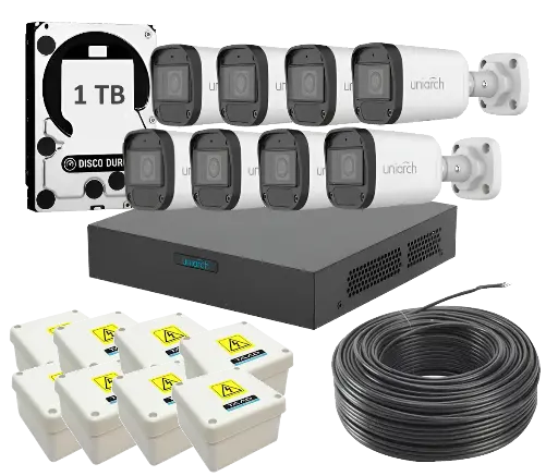 [KitUniarch8chPoe] NVR PoE + 8 cam 2mpx iA + Disco 1TB+ cable UTP + estancas