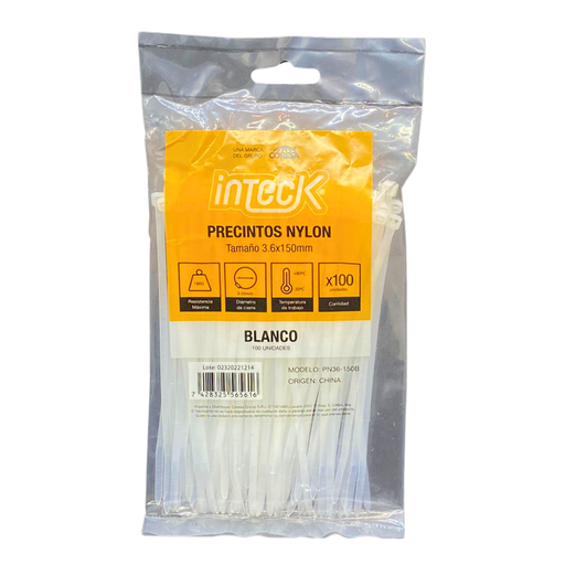 [PN36-150B] Precinto de nylon Inteck 3,6mmx15cm filtro uv x100u blanco