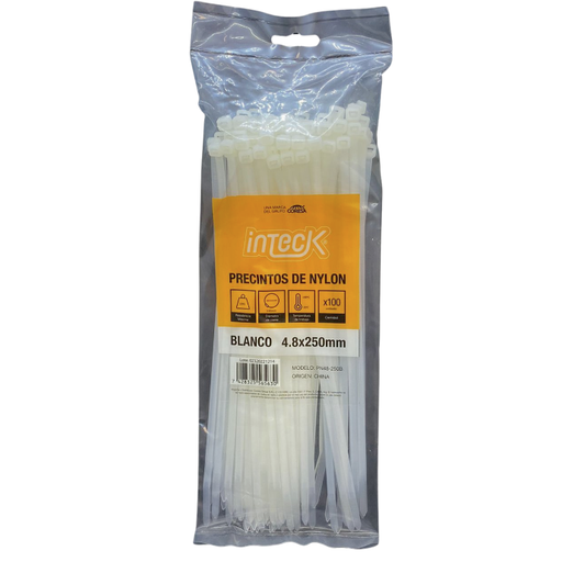 [PN48-250B] Precinto de nylon Inteck 4.8mmx25cm filtro UV blanco x100u