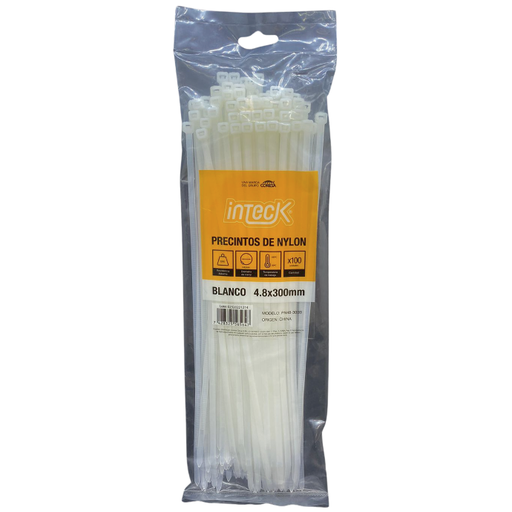 [PN48-300B] Precinto de nylon Inteck 4,8mmx30cm filtro UV blanco x100u