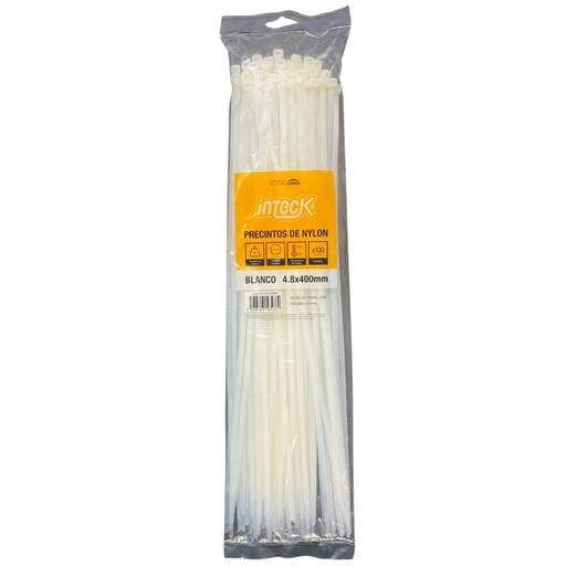 [PN48-400B] Precinto de nylon Inteck 4,8mmx40cm filtro UV blanco x 100u