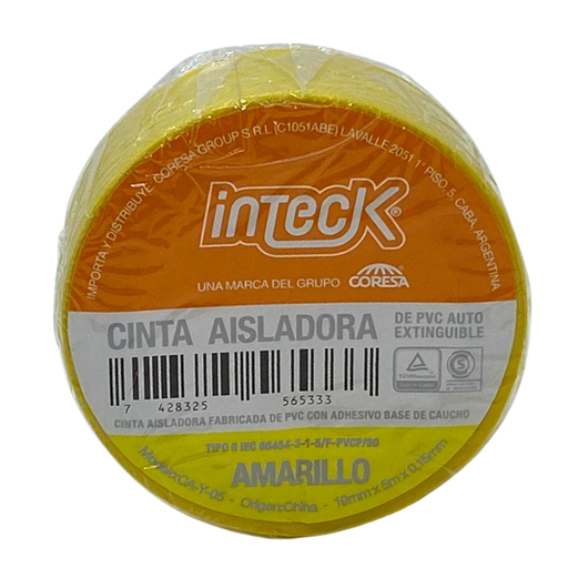 Cinta aisladora Inteck de PVC autoextinguible 5 metros amarillo