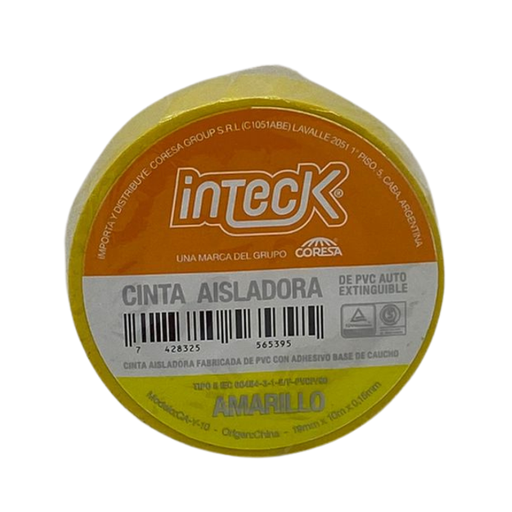 [CA-Y-10] Cinta aisladora Inteck de PVC autoextinguible 10 metros amarilla