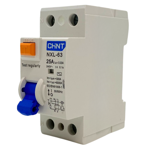 [NXL-63 1P+N 25A 30mA AC 6kA] Disyuntor Diferencial Bipolar Chint 2x25A 30mA Clase AC 6kA Riel Din
