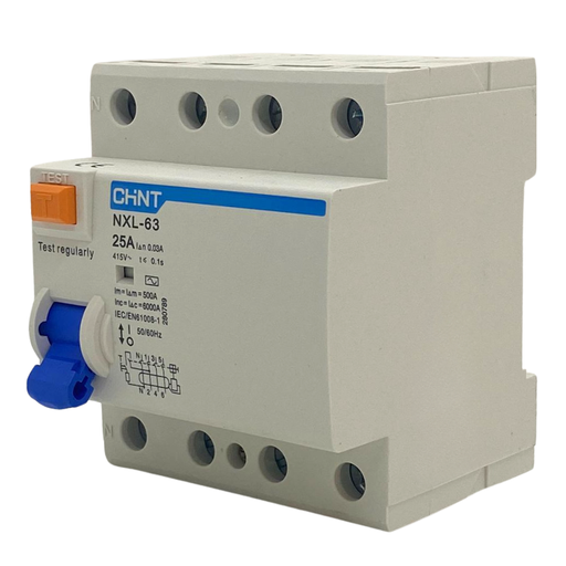 [NXL-63 3P+N 25A 30mA AC 6kA] Disyuntor Diferencial Tetrapolar Chint 4x25A 30mA Clase AC 6kA Riel Din