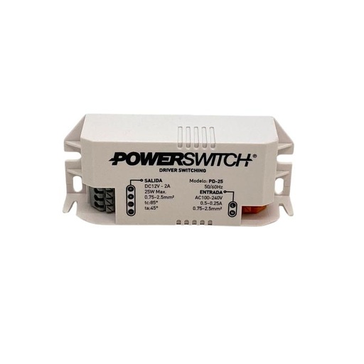 [PD-25W-12V] Fuente 12V 2A Powerswitch interna con bornera driver gabinete plastico IP20 (PD-25W-12V)