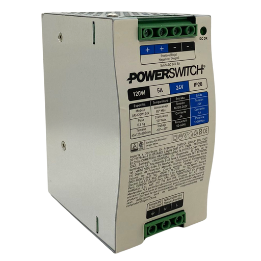 [DR-120W-24V] Fuente 24V 5A Powerswitch riel din gabinete metalico IP20 (DR-120W-24V)