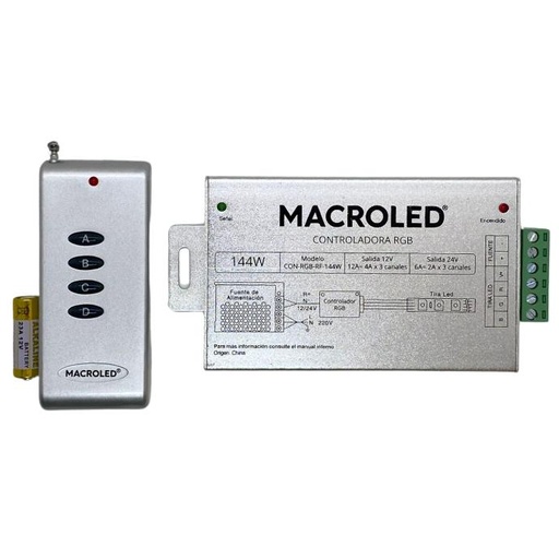 [CON-RGB-RF-144W] Controlador RGB radiofrecuencia Macroled 11 modos de iluminacion 12/24V (CON-RGB-RF-144W)