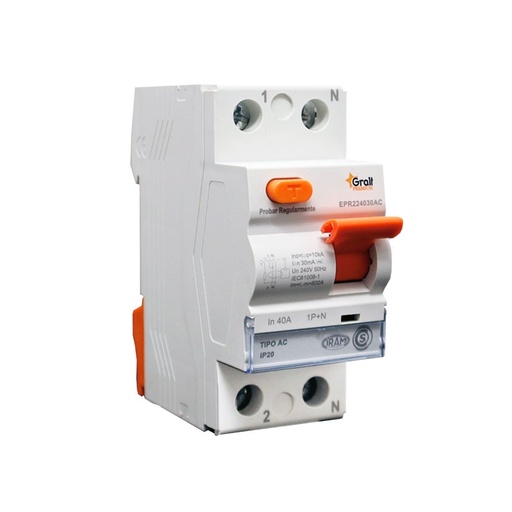 [EPR24030AC] Disyuntor diferencial Gralf 1P+N40A 30mA 10KA Riel Din (EPR24030AC)