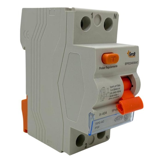 [TDG-1P+N40A] Disyuntor diferencial Gralf 1P+N 40A 30mA 10KA Riel Din (TDG-1P+N40A)