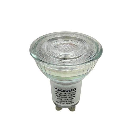 [PAR16-V-7W-36D-DIM-WW] Dicroica Macroled de vidrio spot GU10 7W dimerizable calida 2700K (PAR16-V-7W-36D-DIM-WW)
