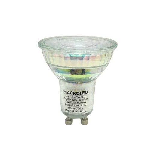 [PAR16-V-7W-36D-WW] Dicroica Macroled vidrio spot GU10 7W calida 2700K (PAR16-V-7W-36D-WW)