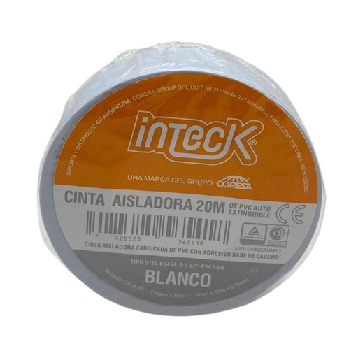 [CA-B-20] Cinta aisladora Inteck de PVC autoextinguible blanca 20 metros