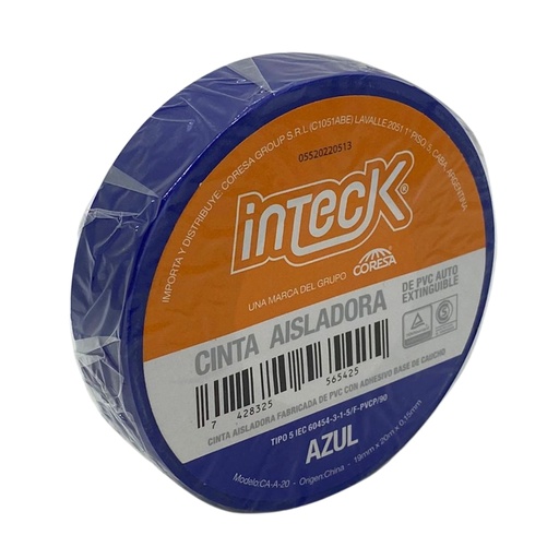 [CA-A-20] Cinta aisladora Inteck de PVC autoextinguible azul 20 metros