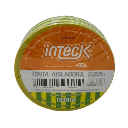 [CA-T-20] Cinta aisladora Inteck de PVC autoextinguible tierra 20 metros